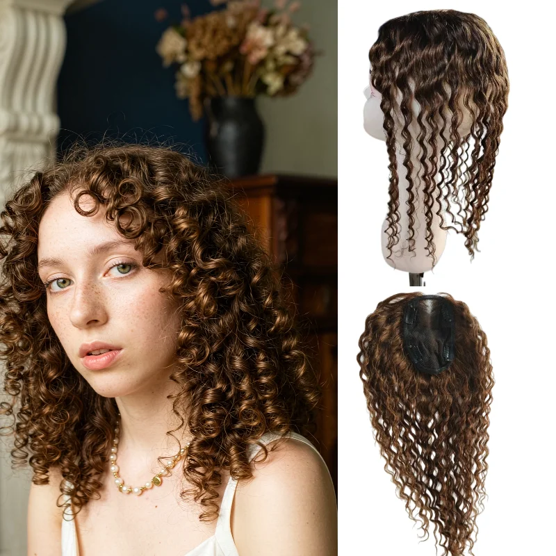 Human Remy Hair Women Hairpiece Swiss Lace 13x14cm 12inch Deep Wave Wig Hand-Tied Color #1B P4-27 Wholesale Ship