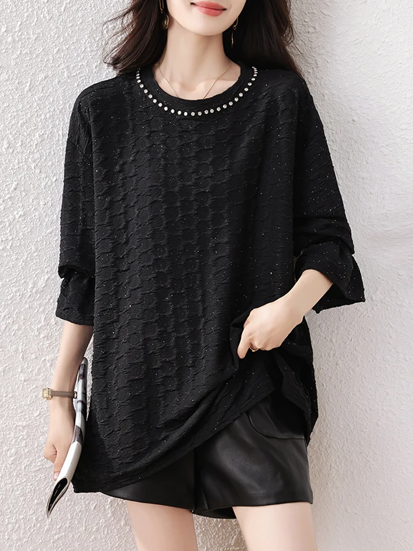 

Faionable Beaded Loose Women's Irt plus Size Conceal Meat Slimming Autumn New Sle Simple Sle Long Sve round Ne Top