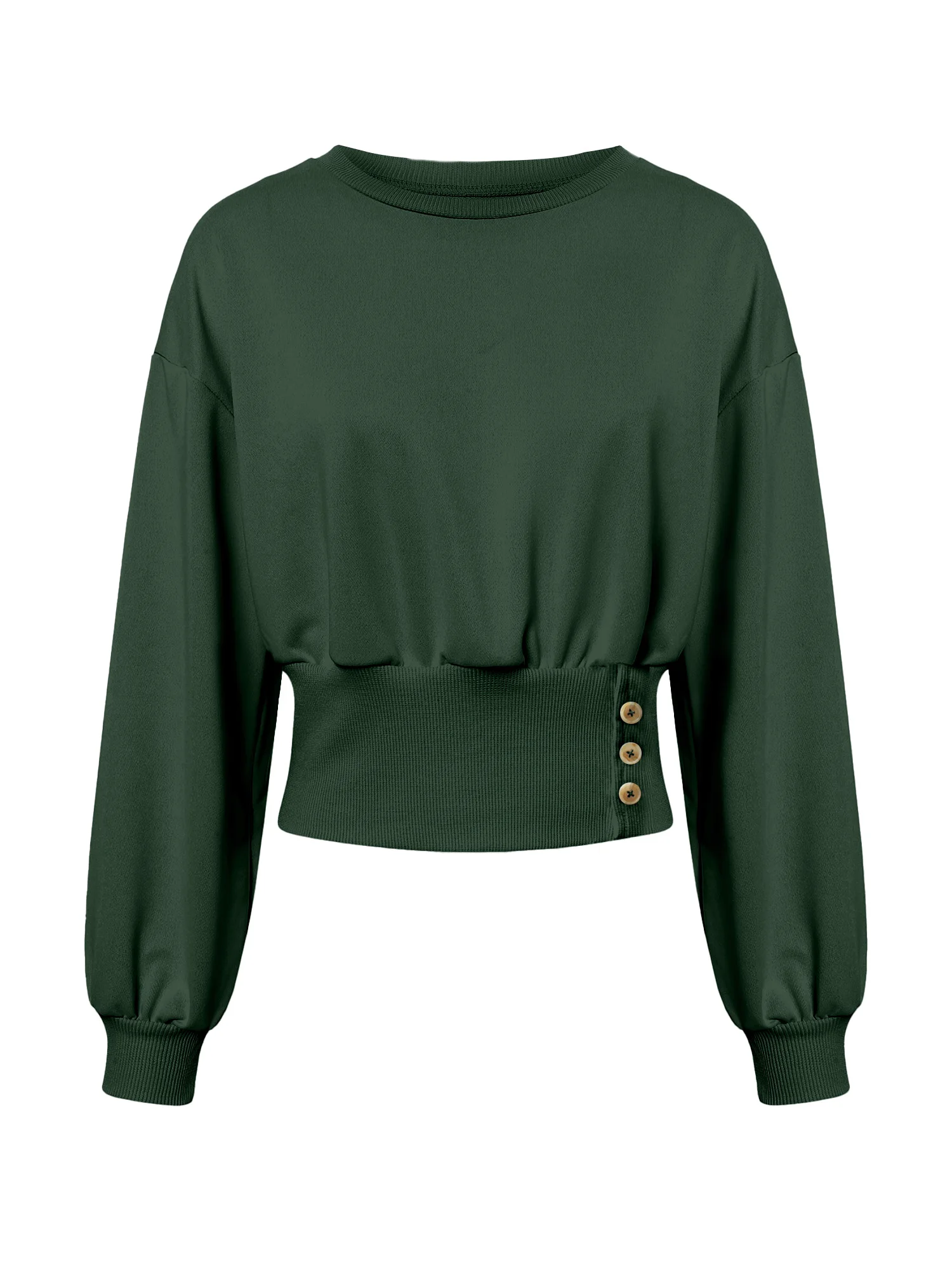 Lässiges Damen-Sweatshirt mit Rundhalsausschnitt, langärmliges Pullover-Oberteil mit geraffter Taille und seitlichen Knöpfen, einfarbig, schmale Passform, Streetwear – Detail 3