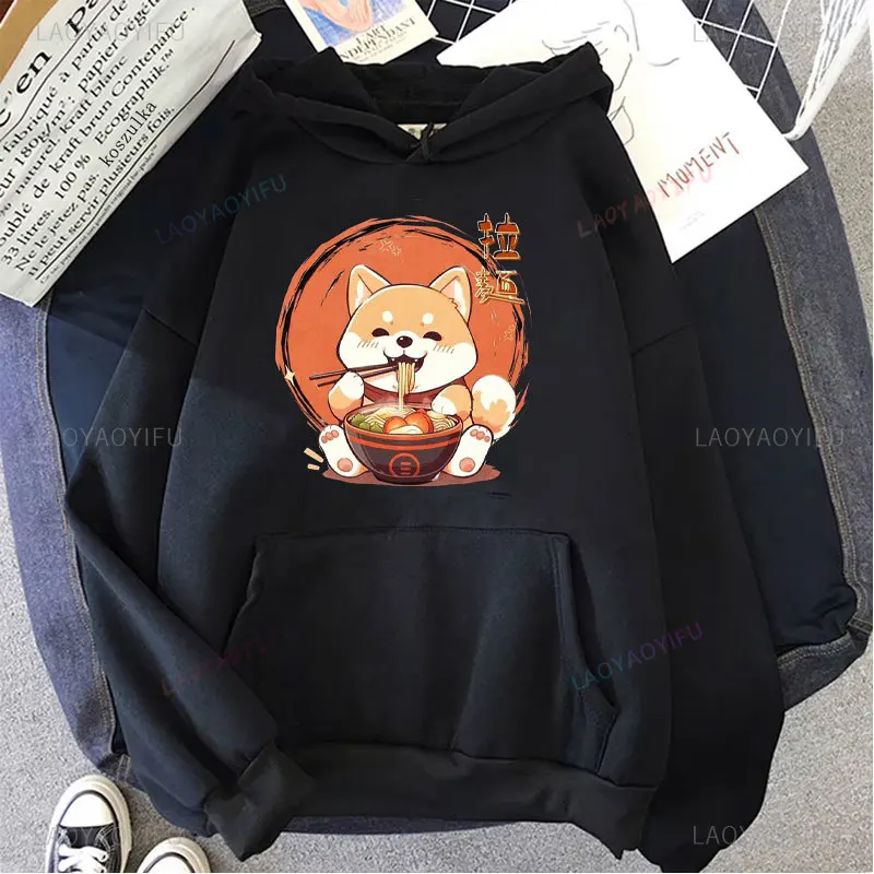 Shiba Inu Enjoying Ramen Hoodie Fashion Kawaii Harajuku Hoodies Unisex Winter Tops Cute Aesthetic Graphic Pullovers Sweatshirts