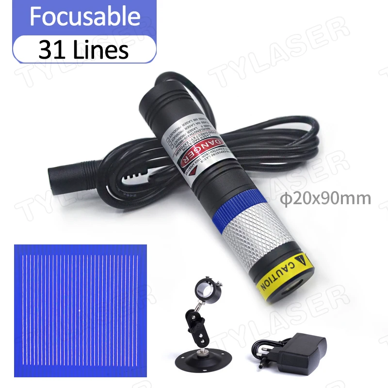 DOE 31 Lines Waterproof D20X90mm 5v Focusable 450nm Blue Line 80mW Laser Module for Cutting Positioning