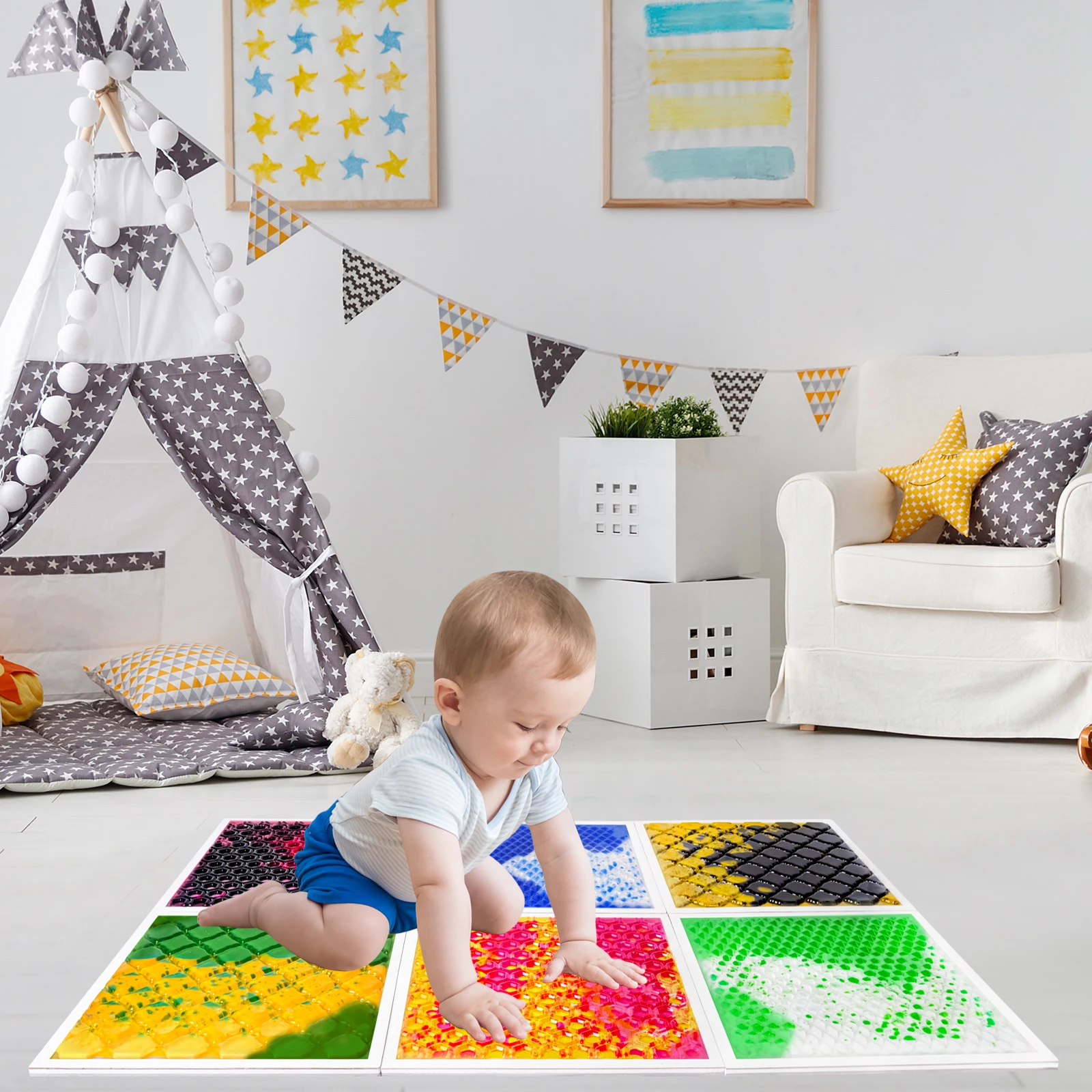 Azulejos de suelo sensorial para niños, color sensorial, exploración colorida en aulas, piso sensorial, cuadrado, 6 piezas