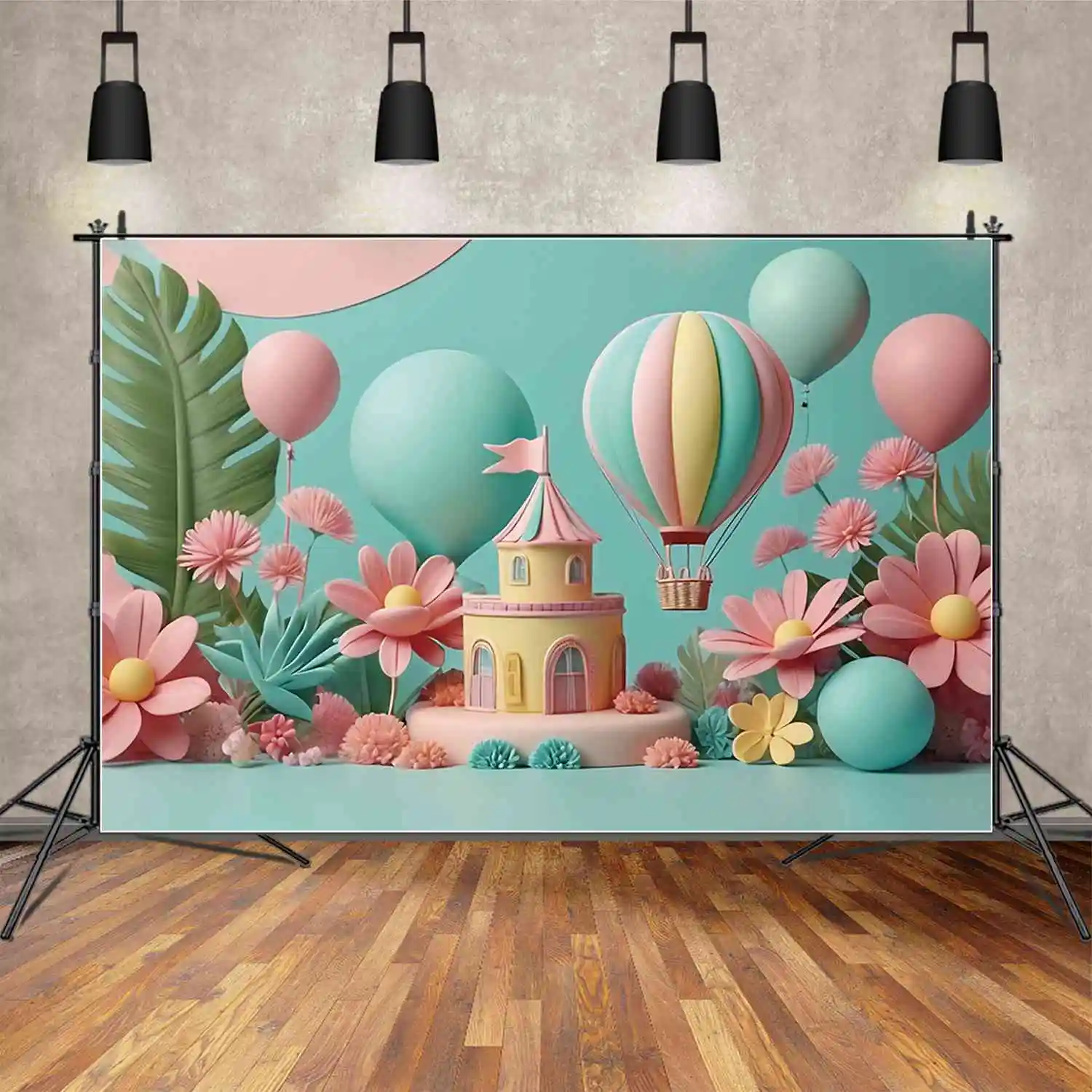 MOON.QG Hot Air Balloons Baby Birthday Backdrop Green Pink Photo Studio Wall Background Customized Child Party Photography Props