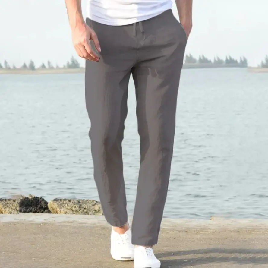 

Летние мужские хлопковые льняные брюки, спортивные штаны для бега, уличная одежда, дышащие однотонные льняные брюки, свободные брюки для отпуска, S-5XL