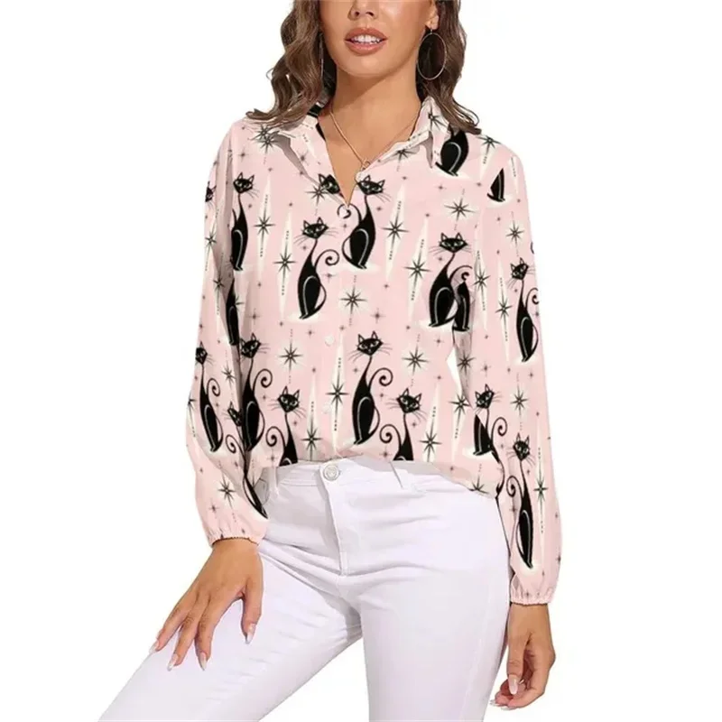 Black cat blouse for women, loose-fitting blouses with cute classic cat print, long-sleeved Kawaii shirts, clothing view 5