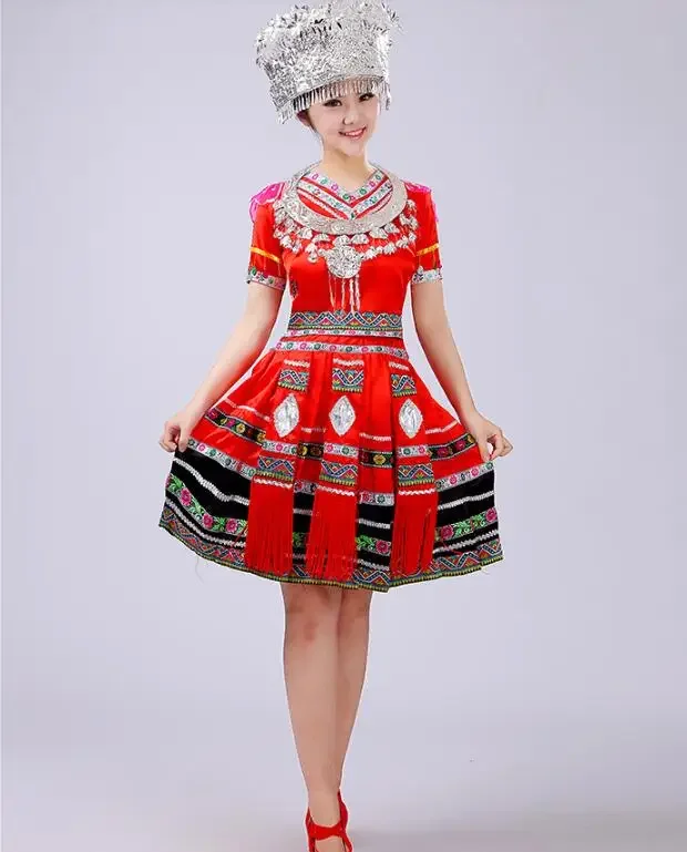 Hmong-vestido de dança folclórica étnica para mulheres, estilo curto de palco, dança folclórica chinesa, miao