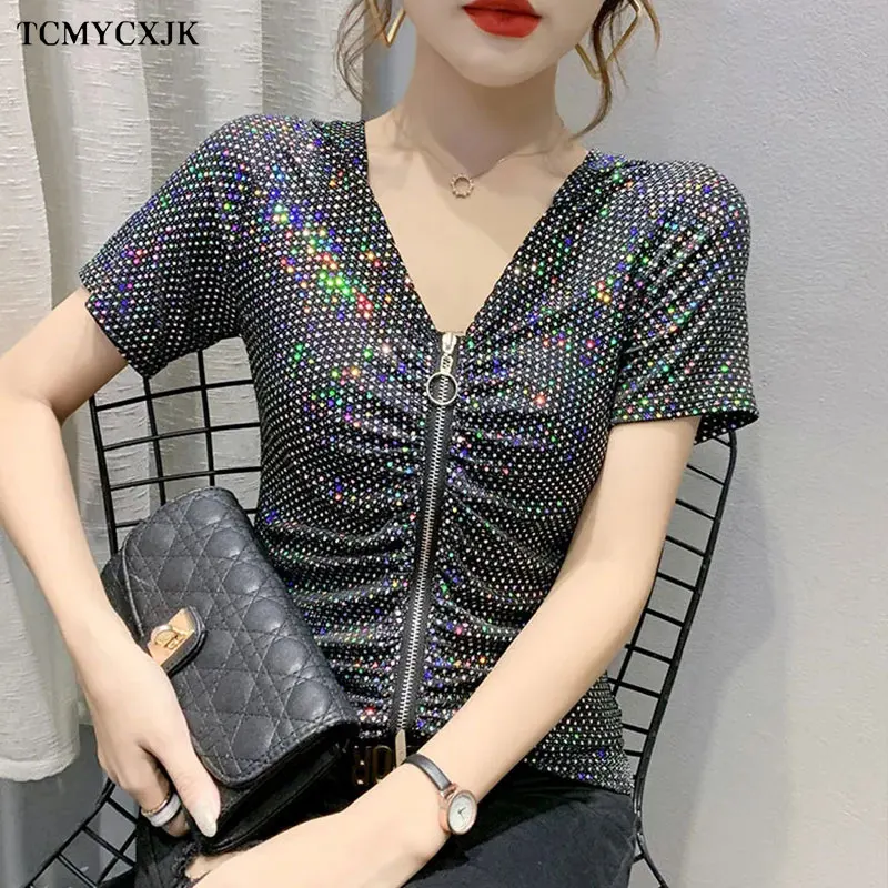 

Sequined Hooded Shirt Women 2024 Summer New Style Waist Thin Top Women's Fashion Folds Zipper Short-sleeved T-shirt Women