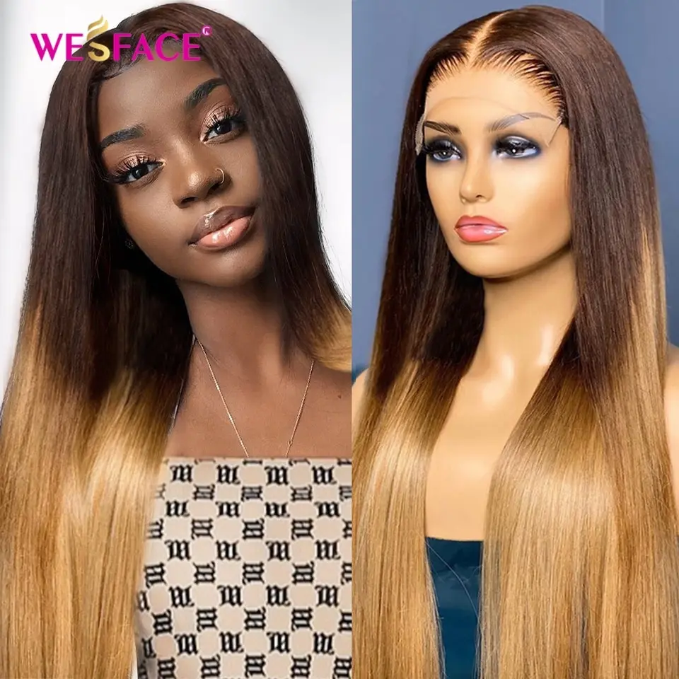 Perucas retas longas ombre brown loira do cabelo humano 13 × 4 perucas da parte dianteira do laço para preto perucas brasileiras do cabelo humano remy perucas do cabelo