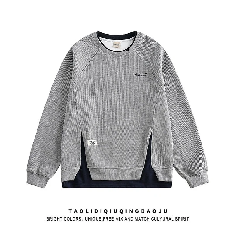 

Ins Fake Two-piece Sweatshirt for Boys Autumn Winter New American Casual Embroidery Loose Contrast Stitching