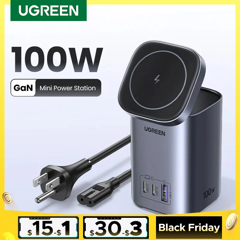 UGREEN GaN 100W Desktop Charger MFi Magnetic Wireless Charger for iPhone 15 14 13 Fast Charger Power Station for Laptop Notebook