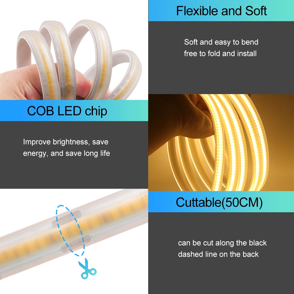 Dimmable COB LED Strip Light 220V EU Plug Waterproof 288LEDs/m Remote/Bluetooth/Panel/Tuya Wifi Control COB Linear Light Bar