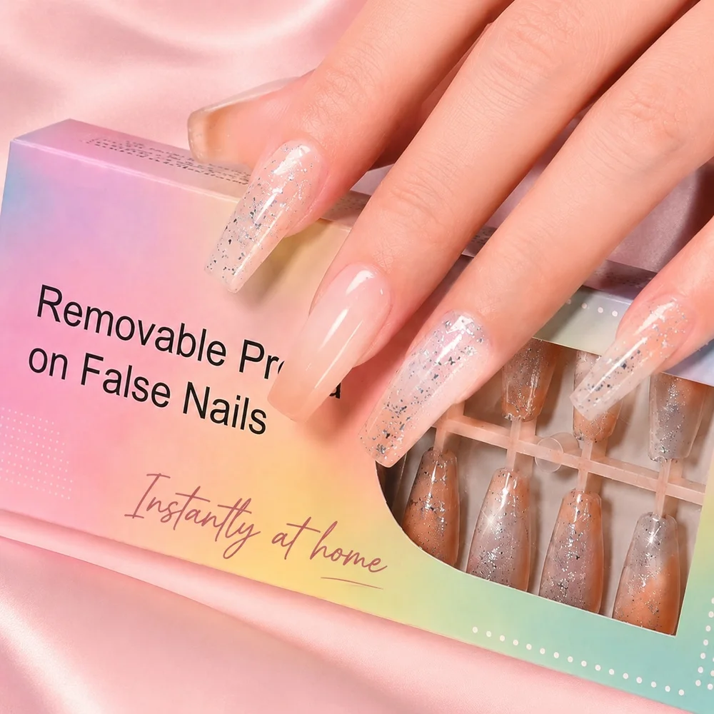 Long Trapezoid Fake Nails 120Pcs Shiny Glitter Gradient Press On Nails Glossy Reusable Full Cover Nail Tips With Manicure File