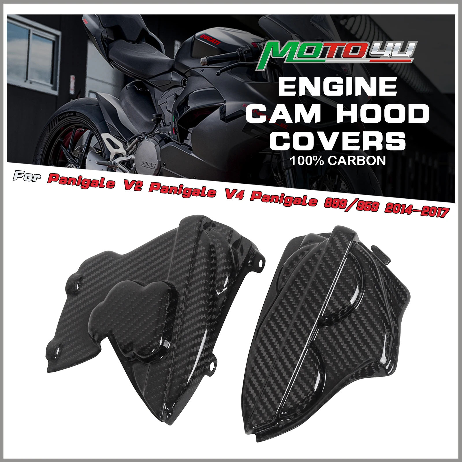 

MOTO4U For Ducati Panigale V2 V4 899/959 2014 2015 2016 2017 100% Carbon Fiber Motorcycle Engine Cam Hood Covers Bonnet 2PCS