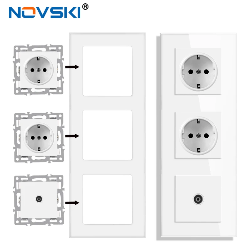Novski Sakelar Lampu Panel Kaca Tangguh, Colokan Dinding Eropa dan Prancis, USB, TV, RJ45, RJ11, Modul Sakelar Sensor DIY Putih