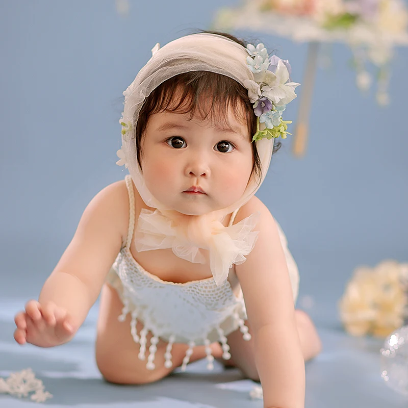 Lace Baby Dress For Photo Sweet Floral Netting Kerchief tassel Skirt Set Children One-Pieces Bodysuit Studio Photo Clothing