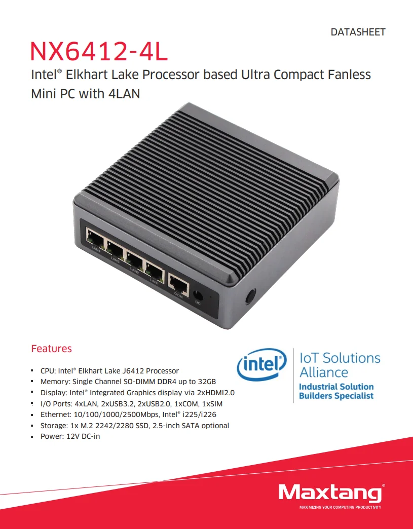 Maxtang Intel Elkhart Lake J6412 Processor Based Fanless  Desktop Mini PC with 4LAN, NX6412-4L Multimedia Gaming Computer
