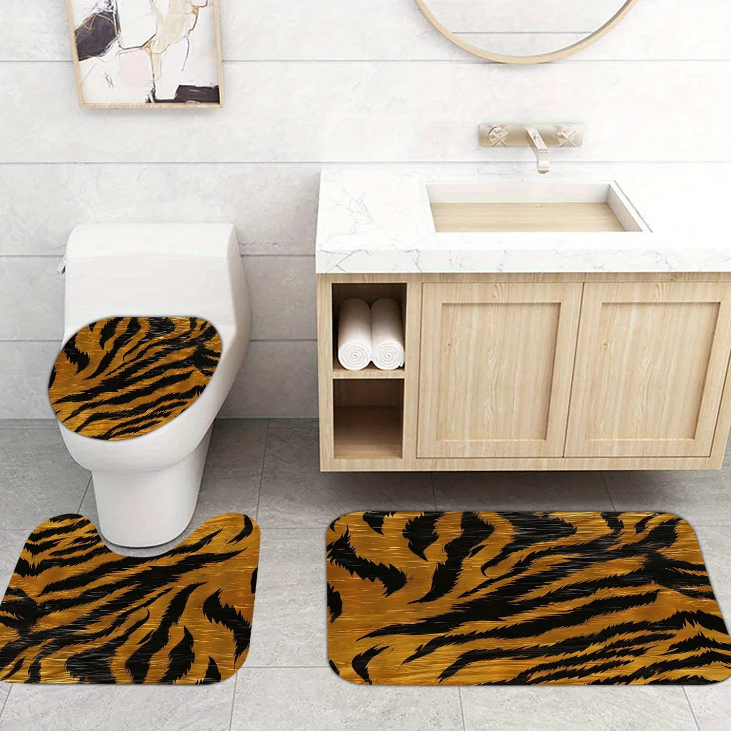 

3pcs ​​Vintage Tiger Print Bath Mat Set - Non-Slip Jungle Theme Rug & Lid Cover for Wild Bathroom Decor & Festive Style​