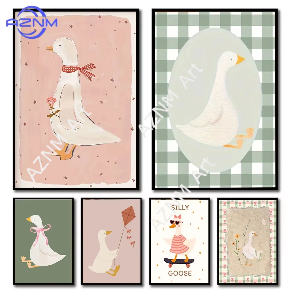 1 Stück, Leinwanddruck mit rosa Schleife und Gans, Silly Goose, Kinderzimmer-Wandkunst, Poster für modernes Wohnzimmer, Küche, Kindergarten, Zuhause