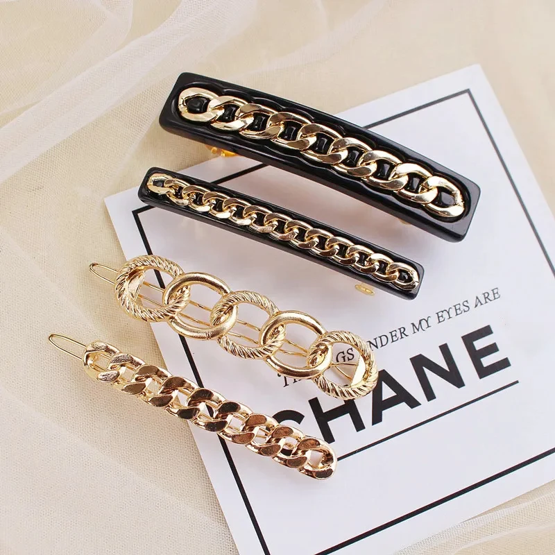 Fashion Chain Hair Clip Acetate Alloy Hairgrip Barrettes Hairpin Geometric Gold Color Side Pins Women Hair Accessories