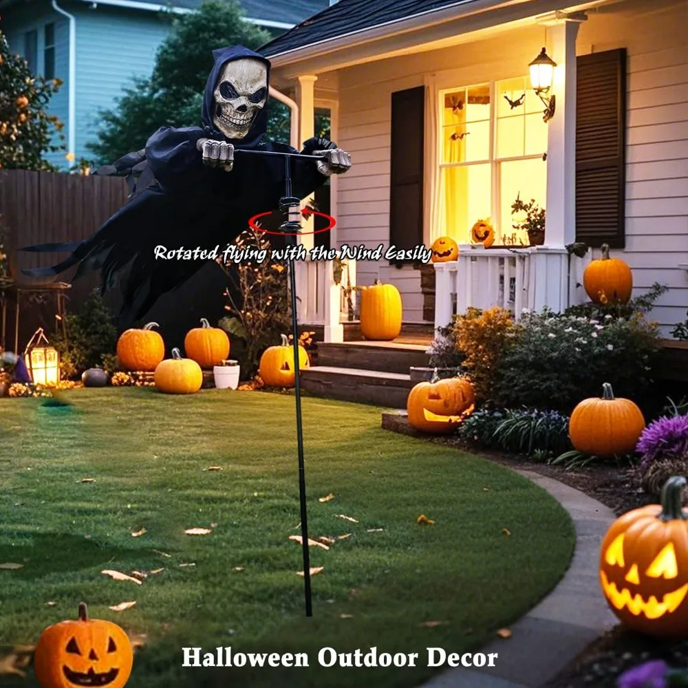 Decorações de esqueleto de Halloween ao ar livre: Reaper de crânio voador de 7,8 pés de altura com fantasma e espantalho para jardim e varanda