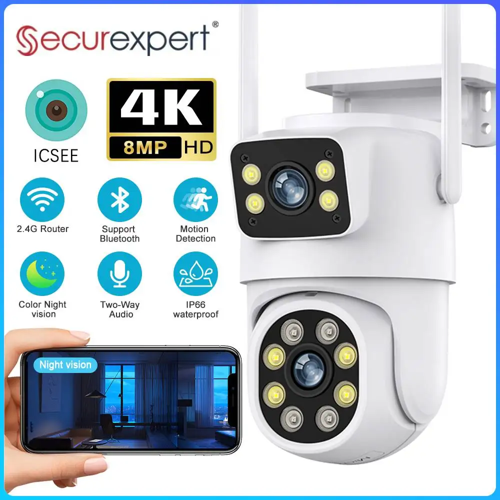 Videocamera di sicurezza esterna Wireless IP66 Surveilla Telecamera 4K 6MP Dual Lens PTZ Wifi con doppio schermo Ai Human Auto Tracking