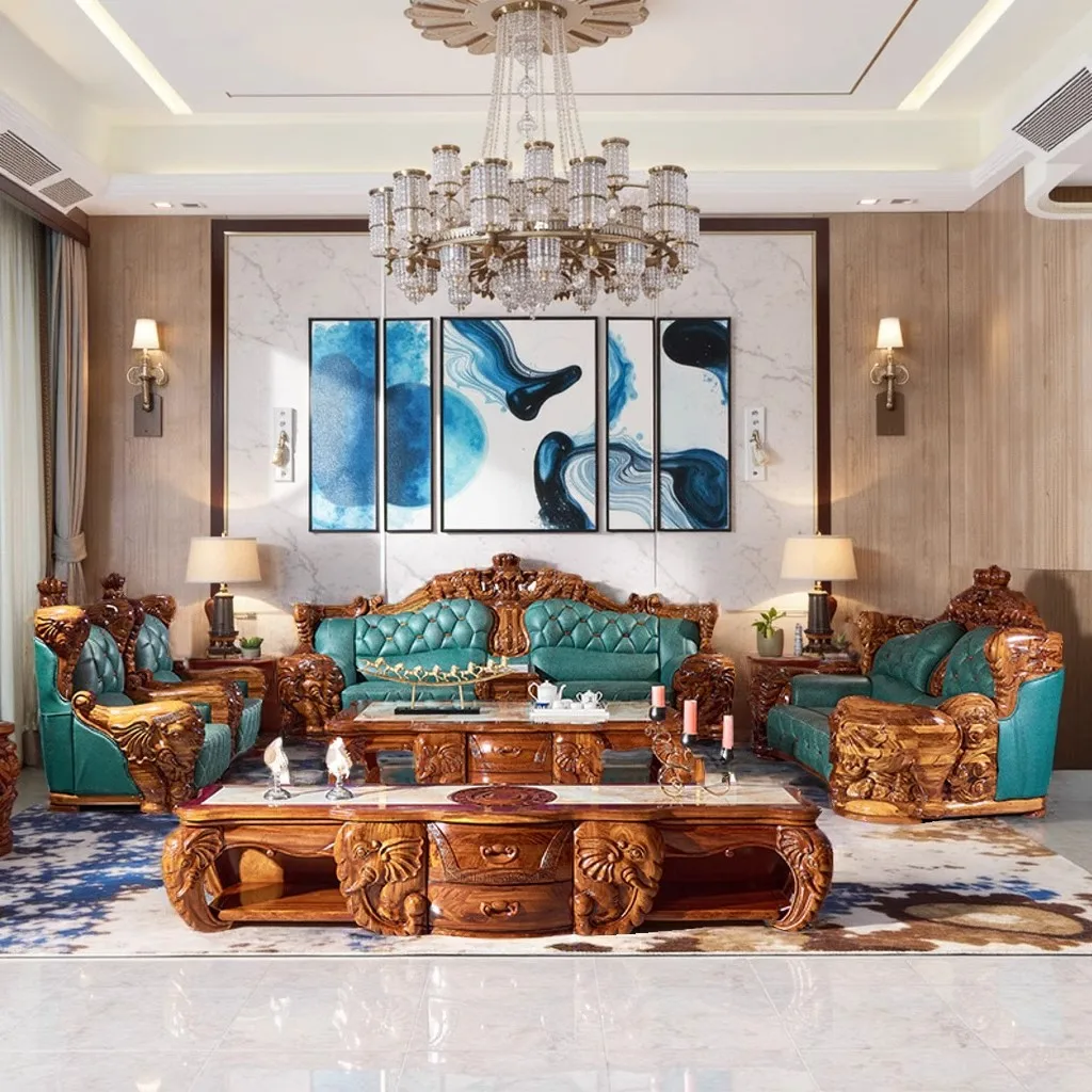 New Chinese Ebony Thickened First-layer Cow Leather Sofa Living Room Jixiang Carved Villa Apartment Type Four-person Combination