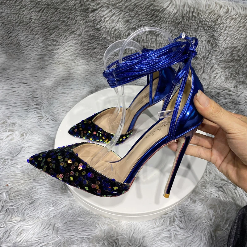 Tikicup Glitter Sequins Women Pointy Toe High Heel Strap Up Leg Shoes Blue White Sexy Ladies Party Stiletto Pumps Plus Size