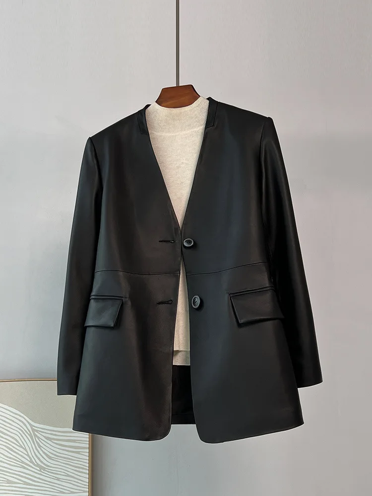 Women's The First Layer Sheepskin Suit Jacket, Collarless Suit, Lady Leather Coat, Spring and Autumn Fashion