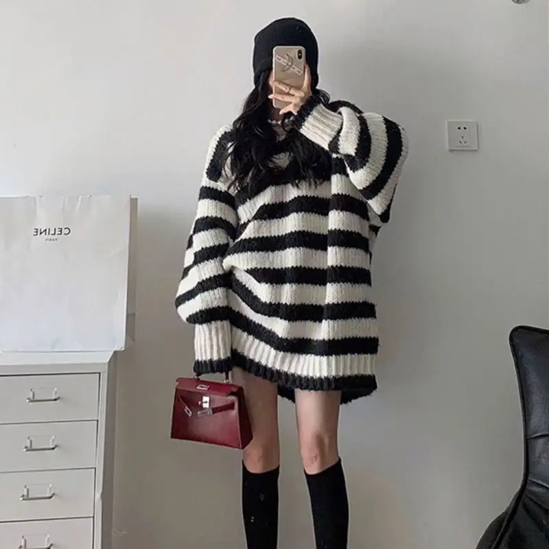 Pullovers Women Kpop Trendy Long Striped Sweaters Knitted V-neck Lantern Sleeve Loose Simple Autumn Casual All-match Outwear Ins