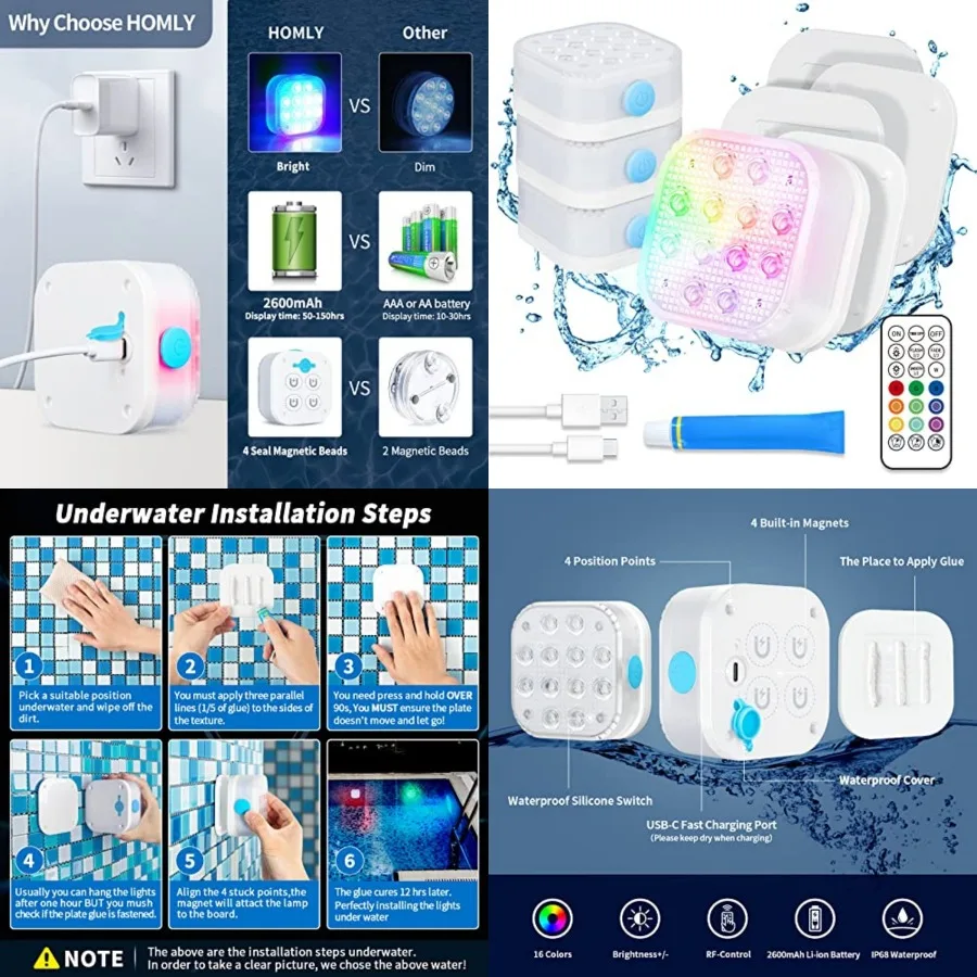 Rechargeable Submersible Pool Lights with Remote, Waterproof Underwater Charging Battery Operated Controlled 6 Color Changing L