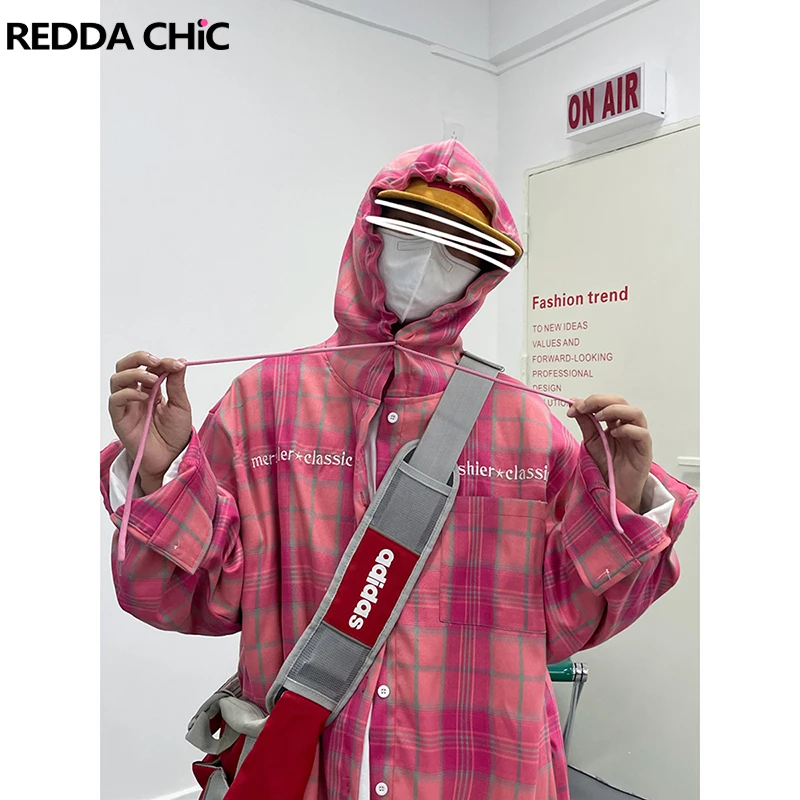 

REDDACHiC Drawstring Hooded Plaid Pink Shirt Men Y2k Aesthetic Embroidery Casual Long Sleeves Suncreen Cardigan Top Work Wear