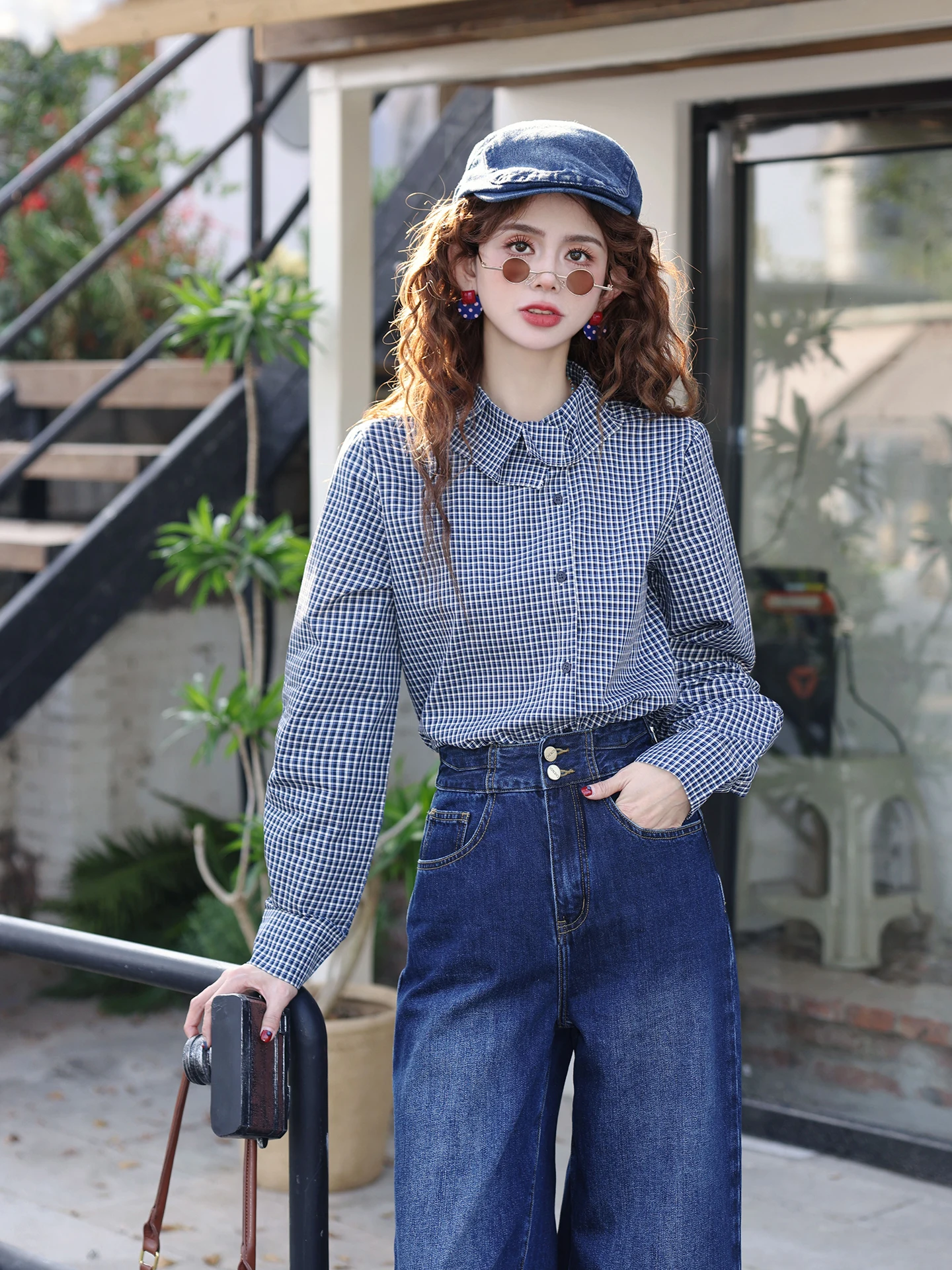 

Chen Jiajie Morning Fog Harbor Plaid irt Women's Loose Long Sve Versatile irt Spring 2026 Retro Sle Polyester Lanter...