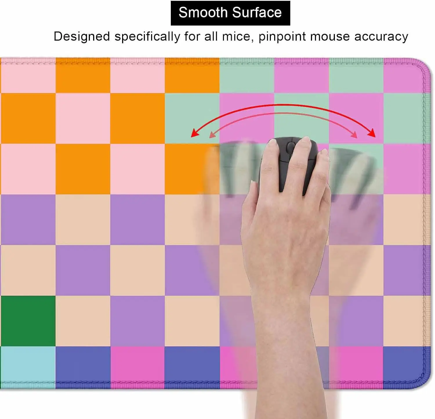 لوحة ماوس ملونة ذات مربعات كلاسيكية - حصيرة مكتب أرجوانية وردية وأزرق وأخضر مع حواف مخيطة وقاعدة مطاطية