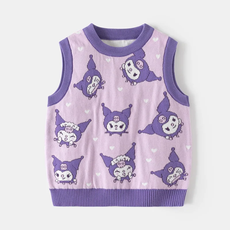 

Sanrio Kuromi Sweater Vest Baby Girls O-neck Sleeveless Jacquard Knitted Sweaters Vests 2024 Kid Autumn Winter Cartoon Tank Tops