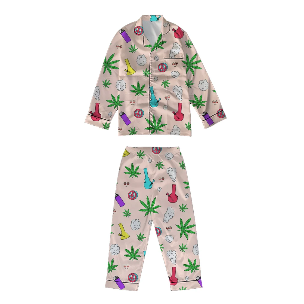 Custom Women Kid Men Pajamas Set Native Print Style Full Print Satin Silk Top Pants Nightwear Sleepwear