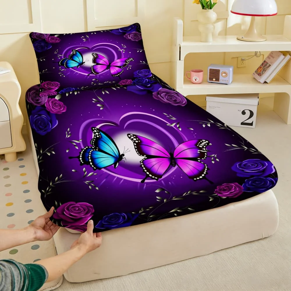 1pc Purple Heart & Butterfly Rose Print Fitted Sheet Deep Pocket Elastic Mattress Cover Single Double Queen King Bedroom Decor