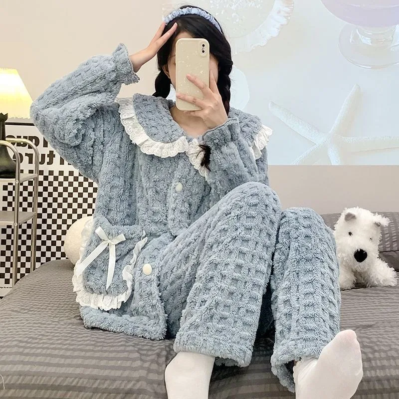 

2024 New Coral Velvet Thickened Princess Style Pajamas Women Autumn Winter Sleepwear Cardigans Bow Tie Outdoor Set Warm Homewear