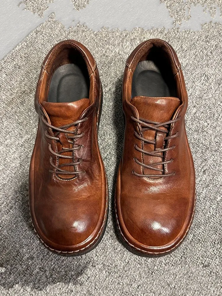 Vintage Male Business Work Horsehide Genuine Leather Low Cut Lace Up Round Toe Versatile Mens Outdoor Casual Comfortable Shoes