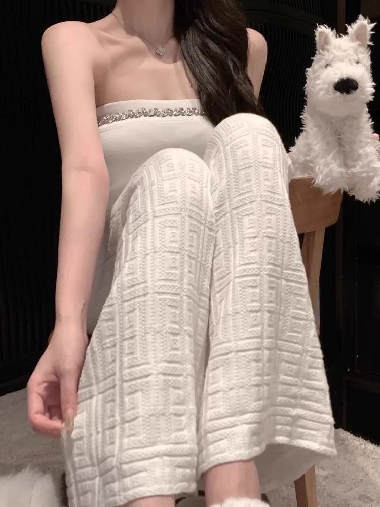 

White Knitted High Waist Loose Wide Leg Pants Women's Autumn Winter Casual Straight Loose Drapey Comfortable Long Trousers