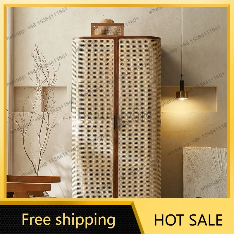 FG Nordic solid wood rattan wardrobe swing door Japanese storage cabinet