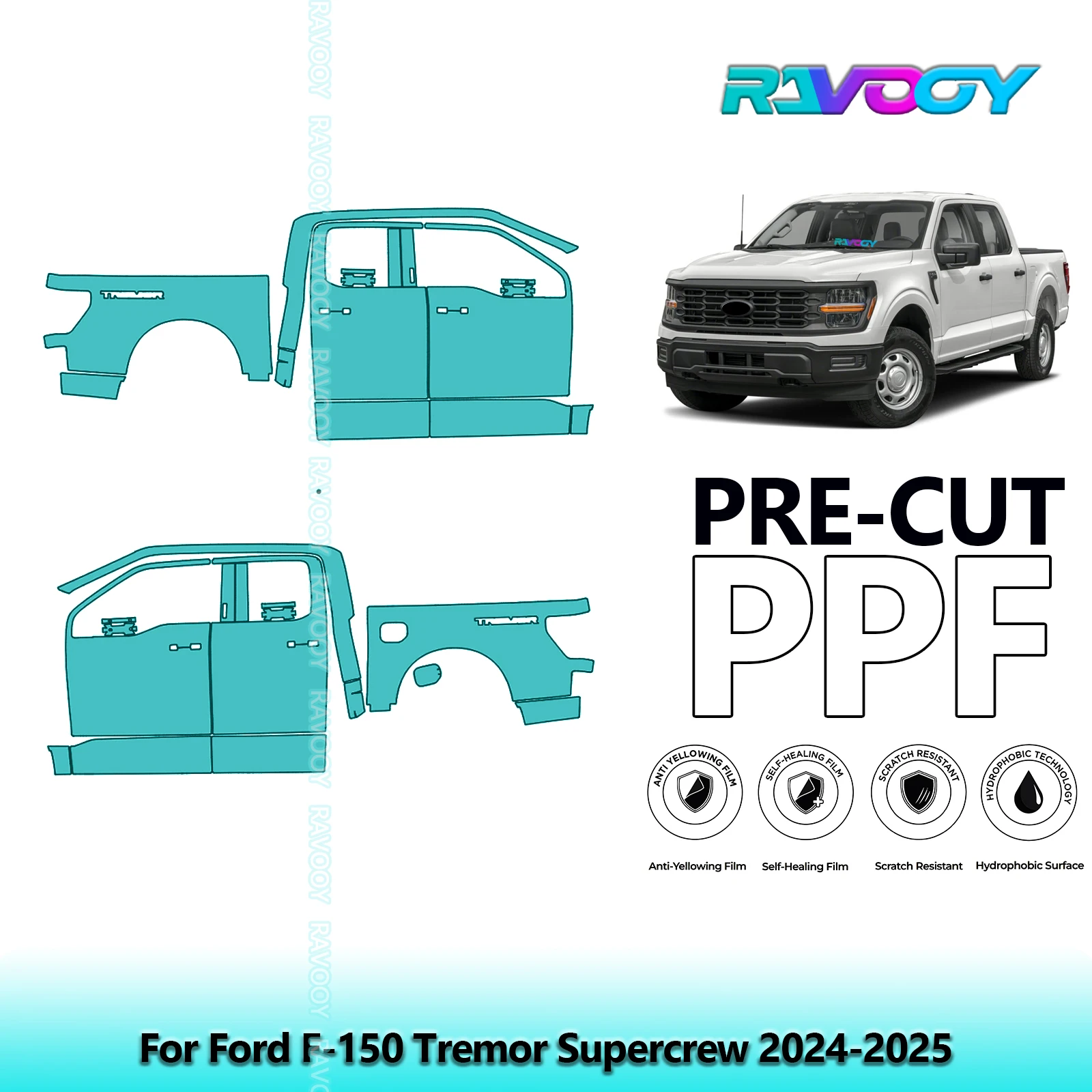 

For Ford F-150 Tremor Supercrew 2024-2025 8.5mil Clear Matte Pre-Cut PPF Door & A/B Pillar Kit TPU Paint Protection Film Set