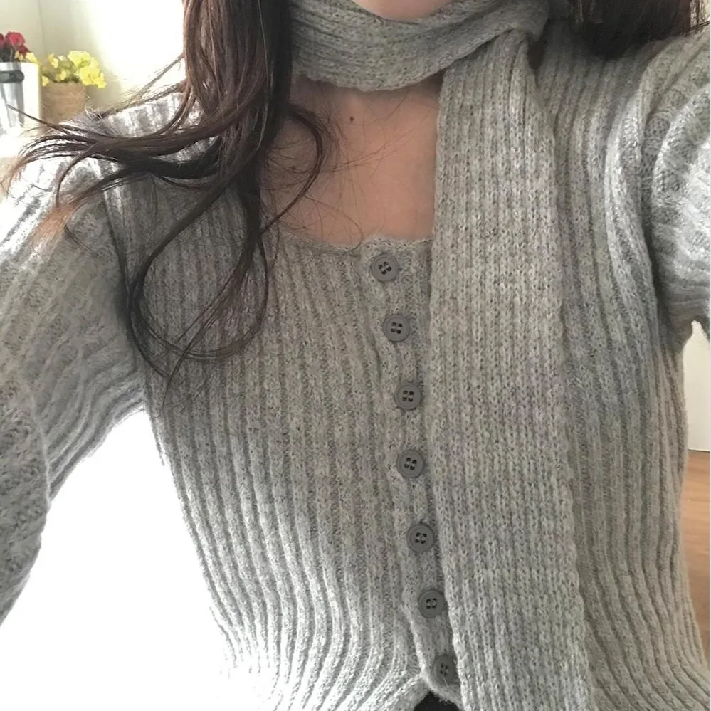Korean Style Knitted Cardigan Slim Fit Vertical Pit Stripe Design Casual Style Women's Sweater Top Asymmetrical Slit