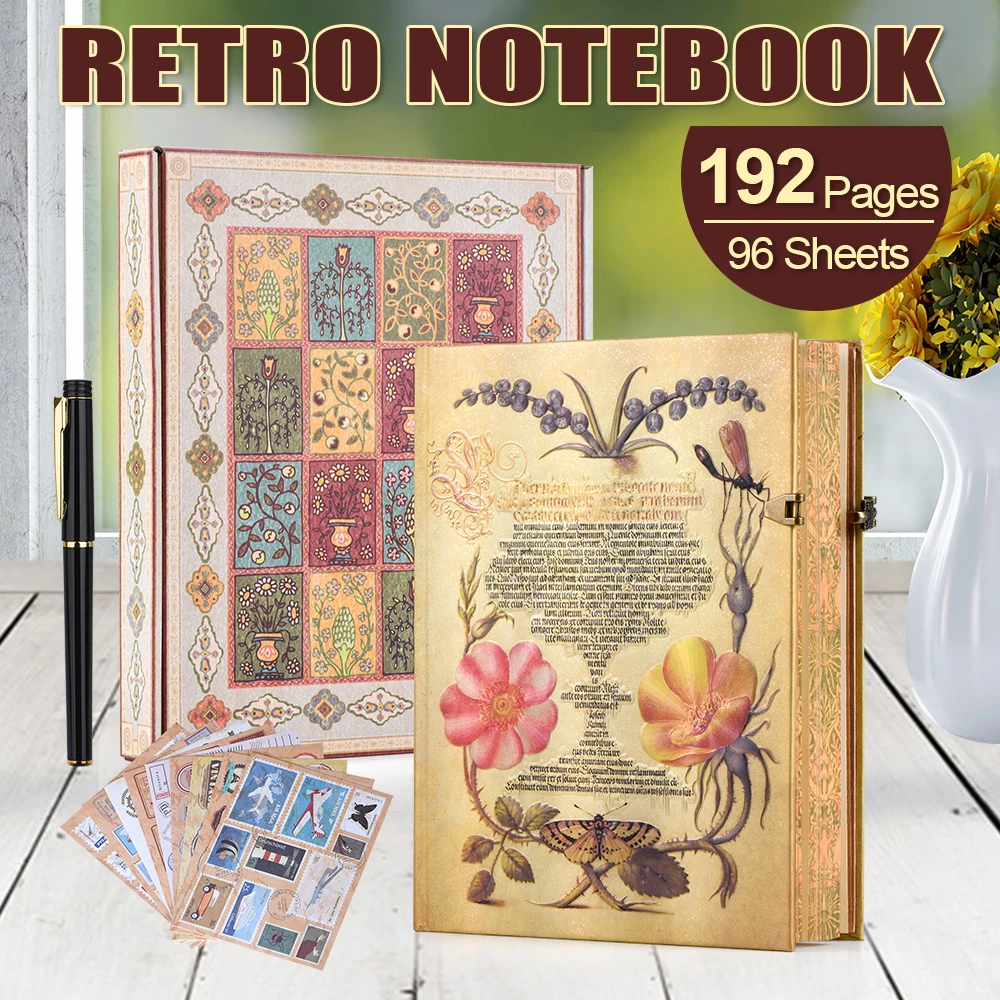 

192 Pages Retro Notebook Themes classical notepads creative with copper lock design travel diaries handbooks personalized gifts