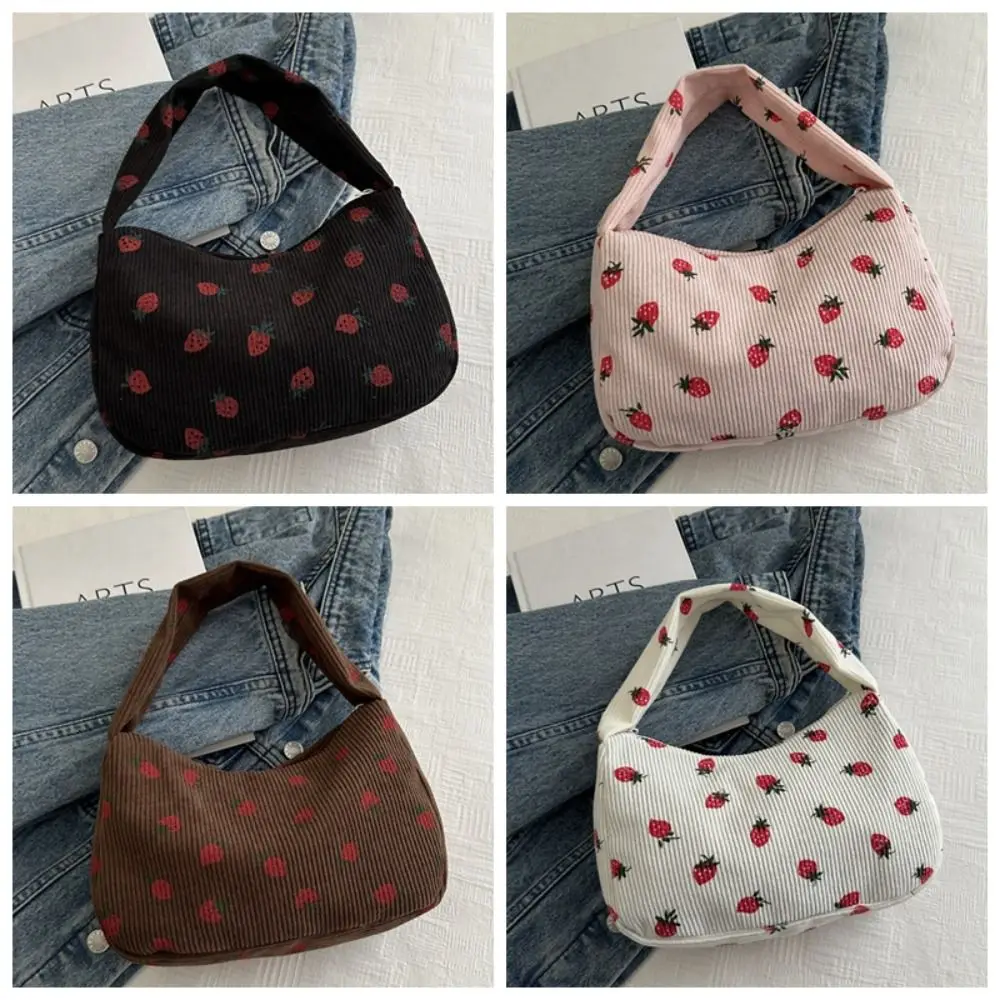 

Large Capacity Strawberry Handbag Half Moon Korean Style Women Shoulder Bag Shopping Bag Purse Corduroy Underarm Bag Travel