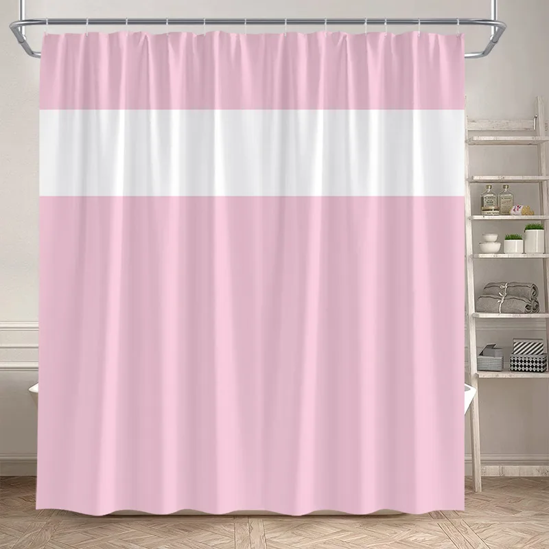 Pink Shower Curtains White Square Pattern Modern Minimalist Art Geometric Bath Curtain Polyester Home Bathroom Decor with Hooks