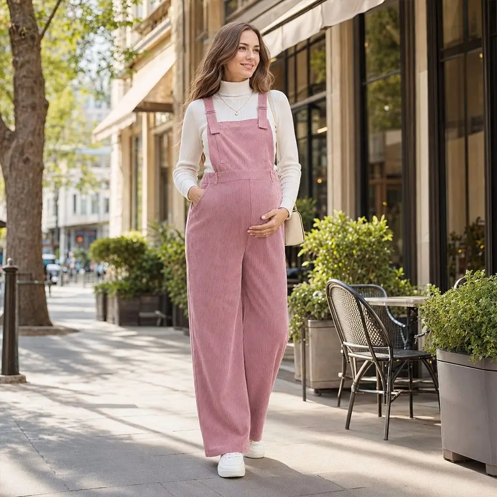 Solid Color Maternity Overalls Wide-leg Cut Adjustable Strap Corduroy Overalls Elastic Waist Corduroy Fabric