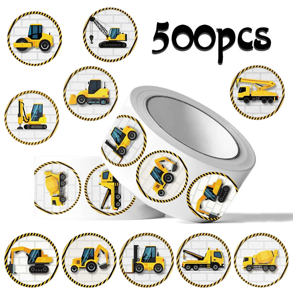 500pcs Creative Engineering Vehicle Sealing Stickers Cartoon Excavator Crane Decals Roll DIY Phone Diary Cute Decoration Sticker