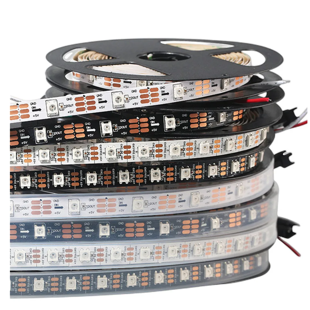 Smart RGB Pixel LED Strip, PCB preto e branco, DC 5V, 30 60 144 LEDs, 1m, 5m, WS2812B, IP30, IP67, DC5V