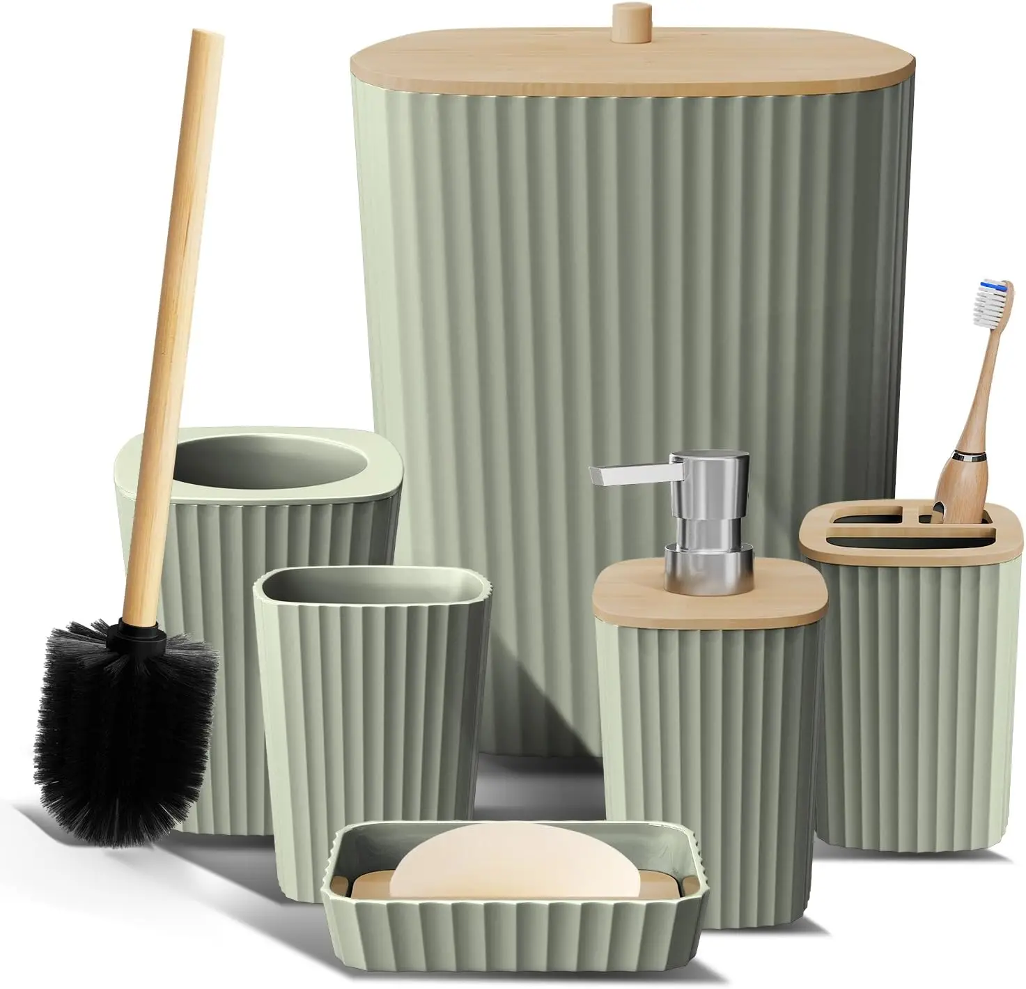 

Sage Green Bathroom Accessory Set, 6PC with Toilet Brush, Trash Can & Soap Dispenser