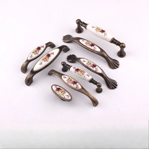 Imagen 2 del producto Nuevos tiradores de flores de cerámica de estilo chino para muebles, tiradores de bronce para armarios y cajones, tiradores para cajones de armarios de cocina